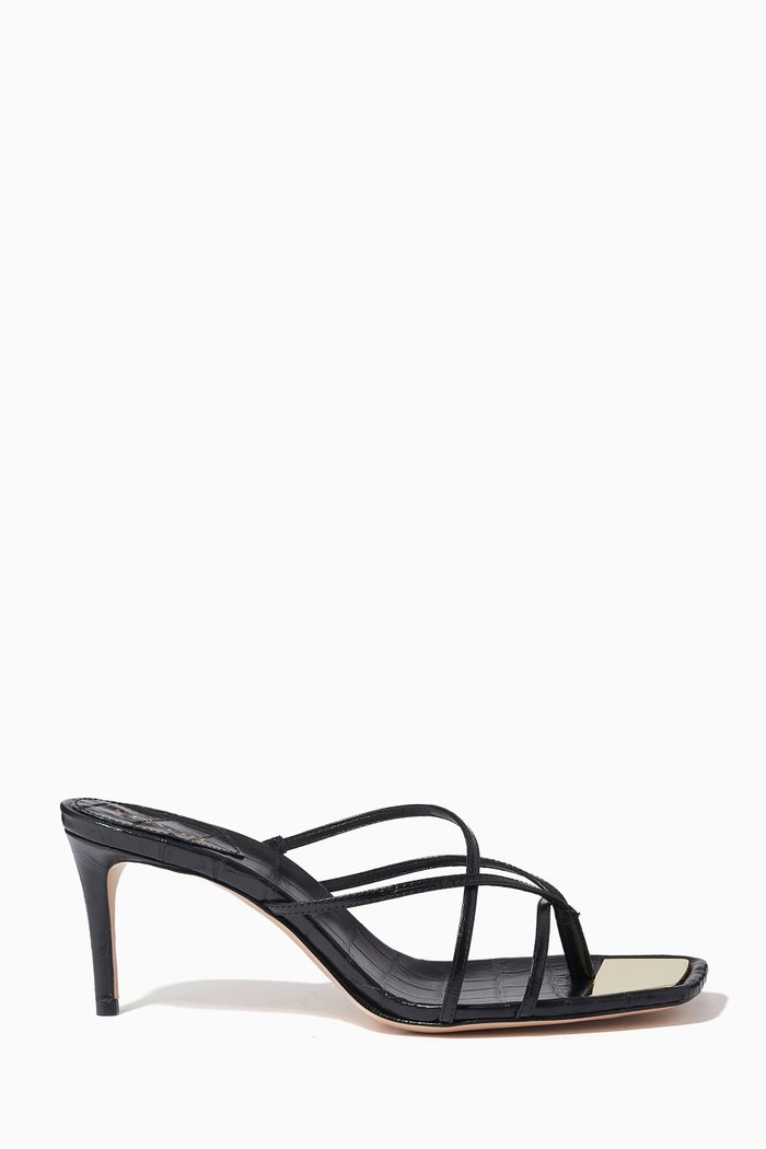 

Strappy Slip-on Sandals in Croc-embossed Leather, Black