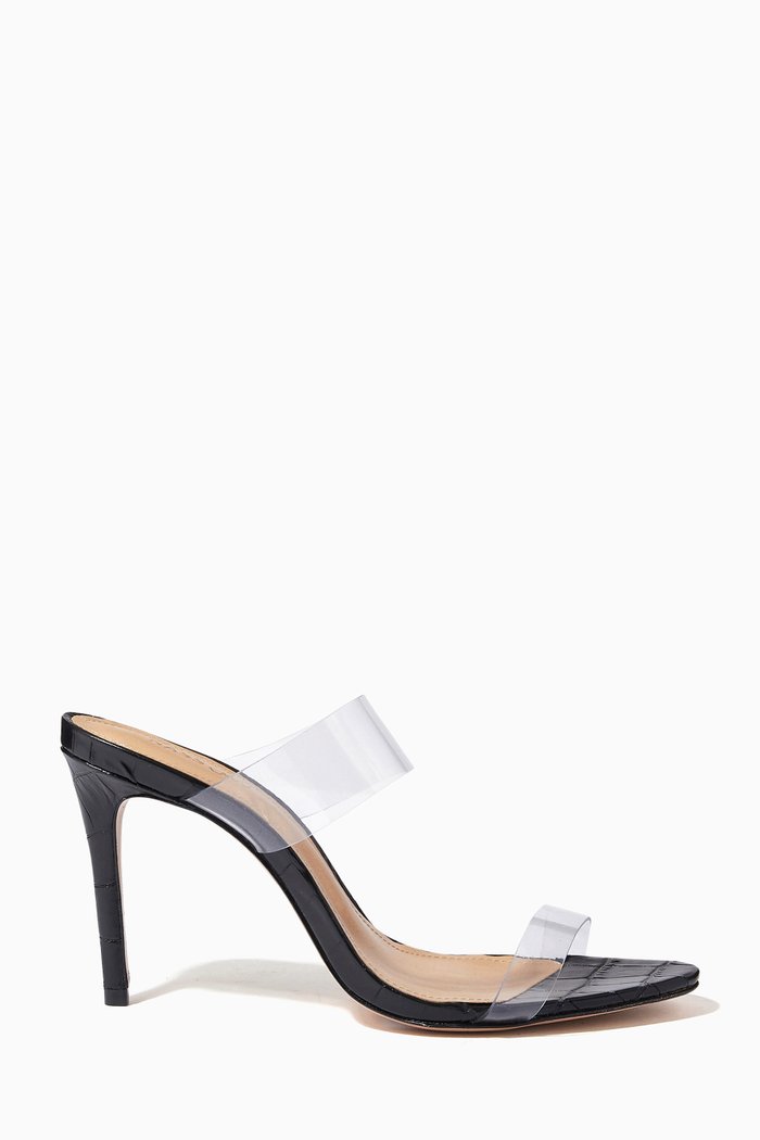 

Strappy Slip-on Sandals in Croc-embossed Leather, Black