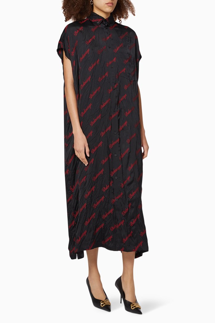 Raw-cut Embroidered Script Logo Dress in Crinkled Viscose Blend, Red