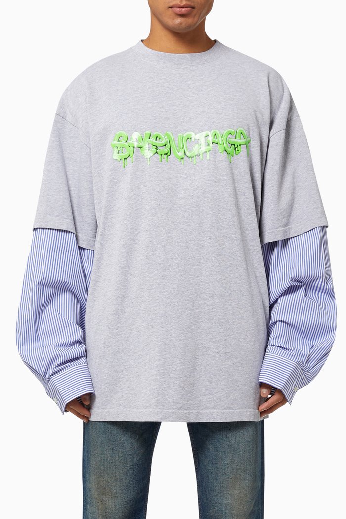 

Slime Patched Sleeve Shirt in Organic Vintage Jersey & Poplin, Grey