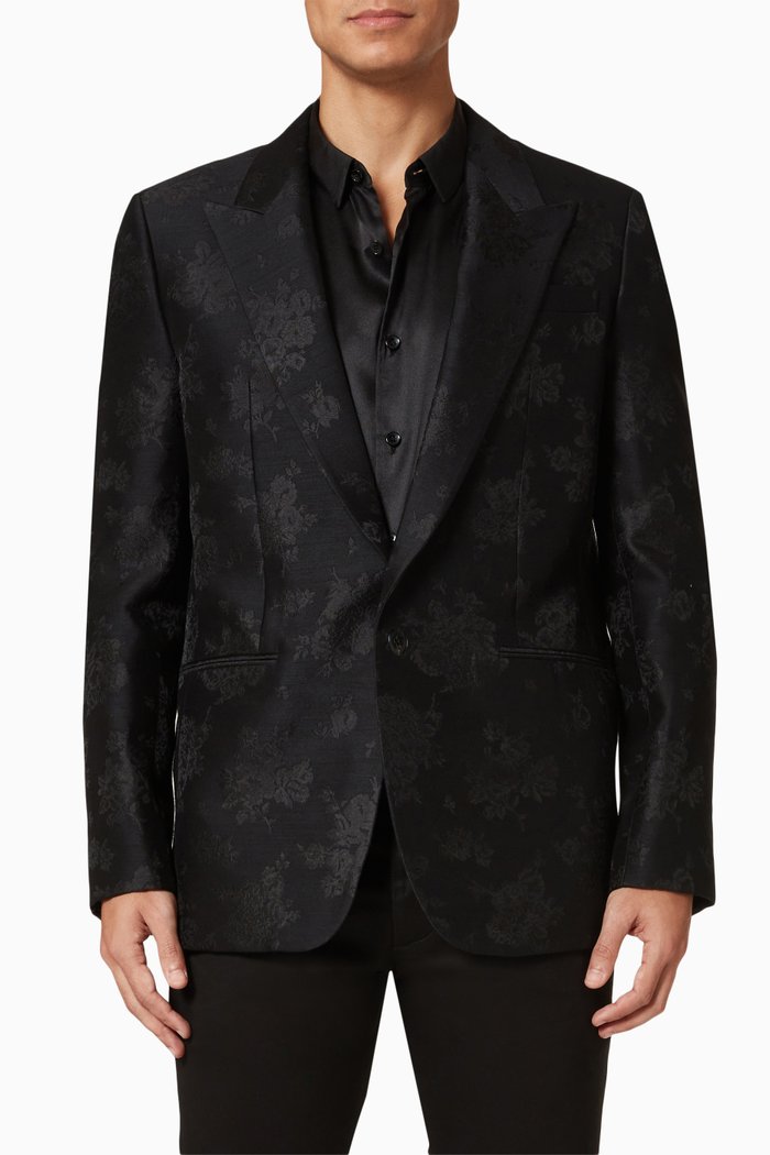 

Fitted Single-breasted Jacket in Jacquard Silk & Wool, Black