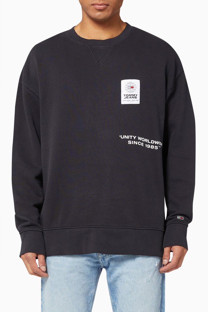 Washed Graphic Crew Neck Sweatshirt in Cotton, Black