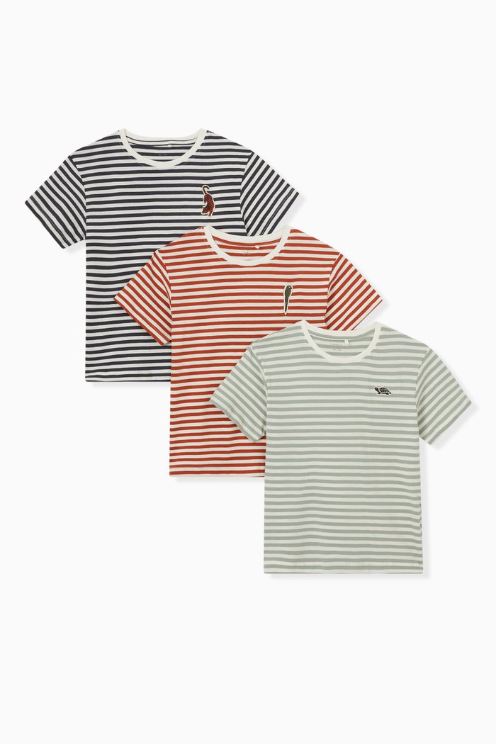 

3-Pack Striped T-shirt in Cotton, Blue