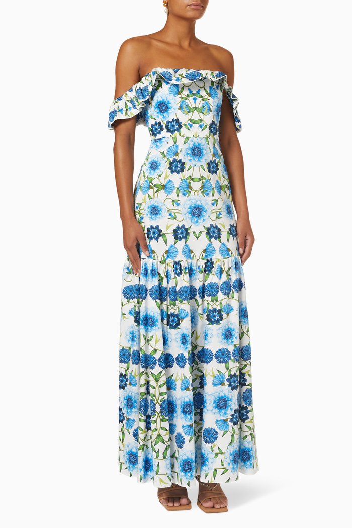 

Farah Off-The-Shoulder Maxi Dress in Cotton, Blue