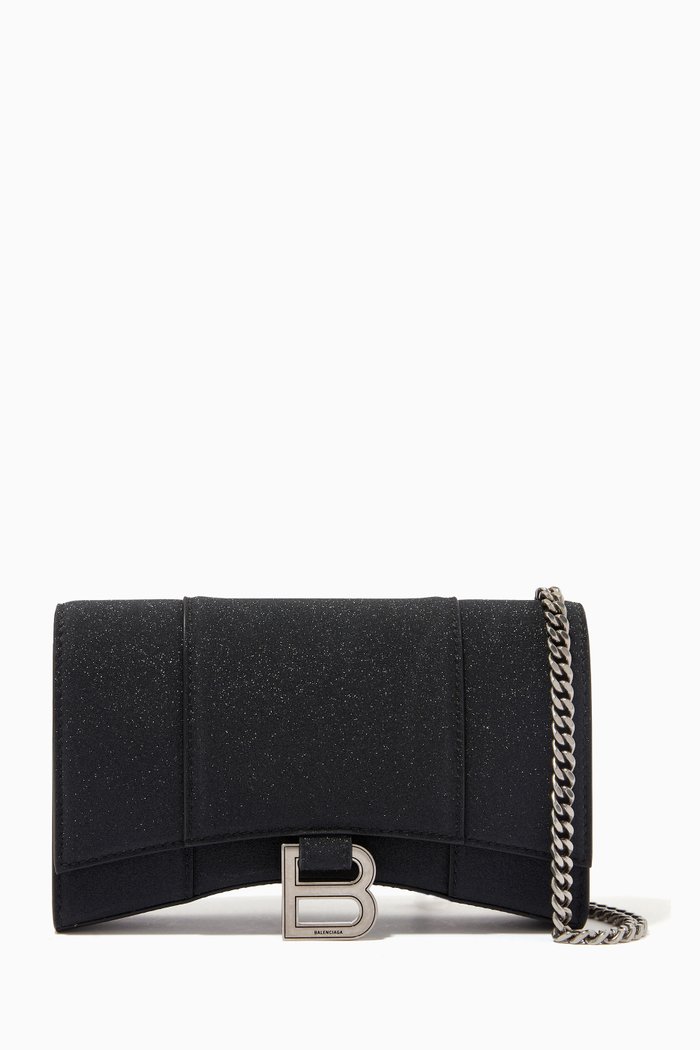 Hourglass Wallet on Chain in Glitter Fabric, Black