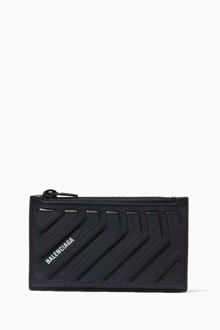 Long Coin & Card Holder in Grained Calfskin, Black