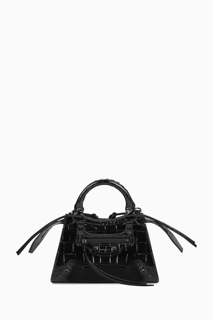 Neo Classic Small Top Handle Bag in Croc-embossed Calfskin, Black