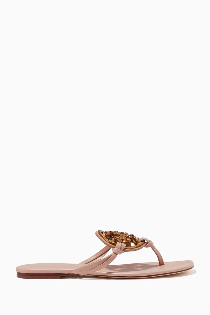 

Jewelled Miller Flat Sandals in Leather, Pink