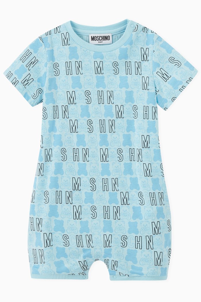 

Teddy Bear Logo Print Romper in Cotton, Blue