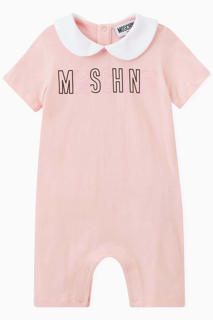 

Teddy Bear Logo Print Romper in Cotton Jersey, Pink