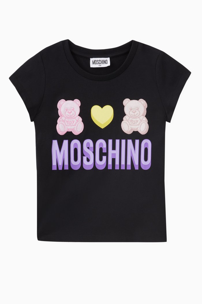 Embroidered Teddy & Heart Logo Print T-shirt, Black