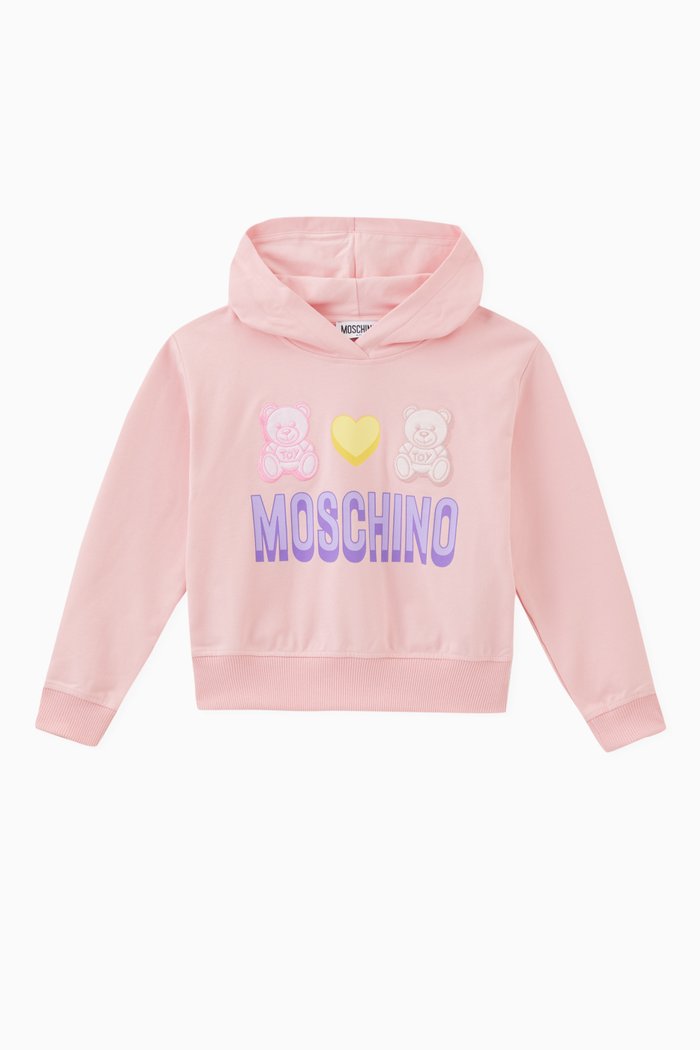 

Embroidered Teddy & Heart Logo Print Hooded Sweatshirt, Pink