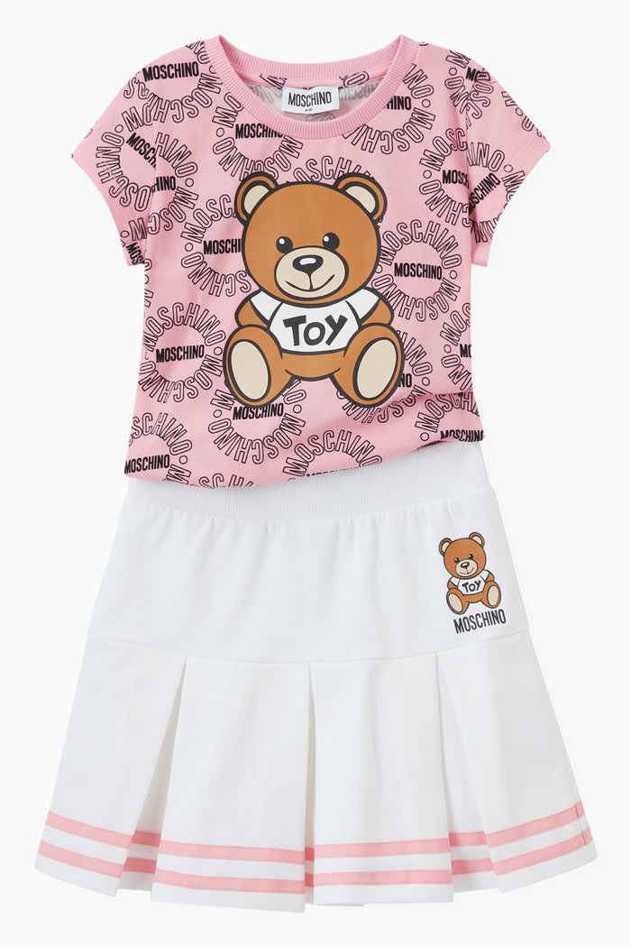 

Circle Logo & Teddy Print T-shirt & Tennis Skirt Set, Multicolour