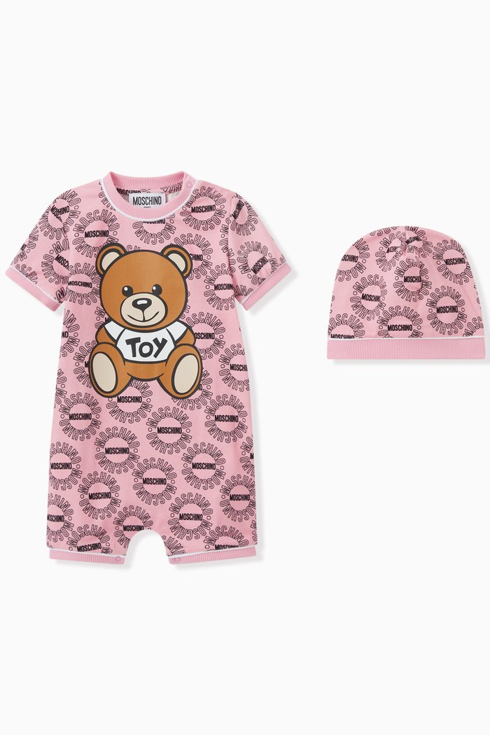 

Teddy Bear Logo Print Romper & Hat Set, Pink