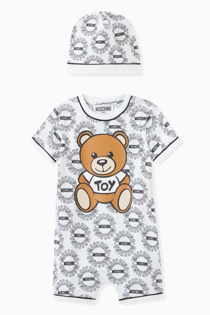 

Teddy Bear Logo Print Romper & Hat Set, White