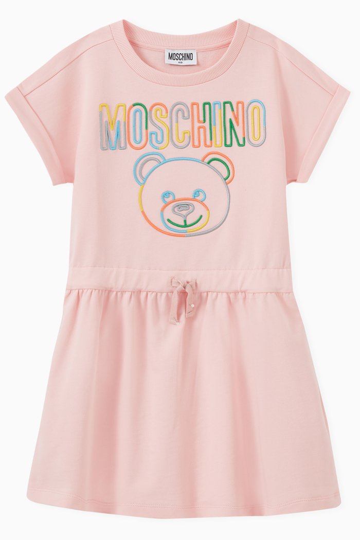 3D Teddy Bear Logo Print Dress in Fleece, Pink
