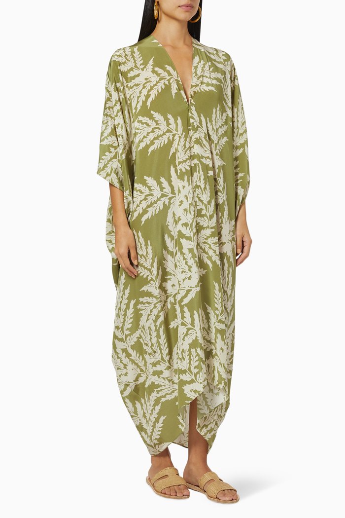 

Classic Foliage Long Kaftan in Silk, Green