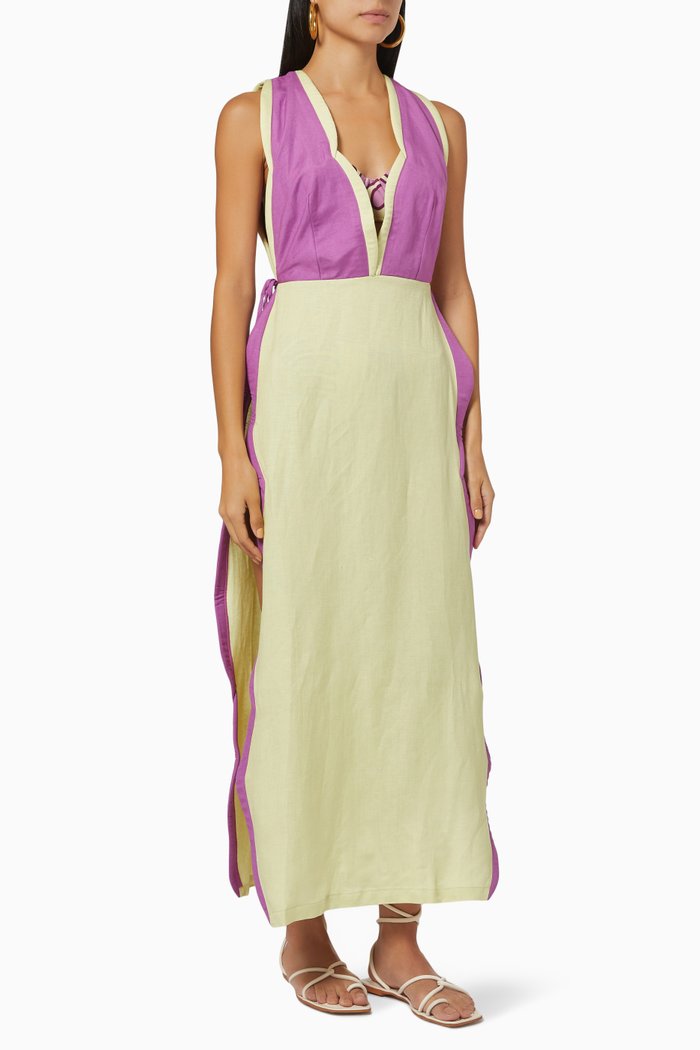 

V Neck Dress in Linen, Multicolour