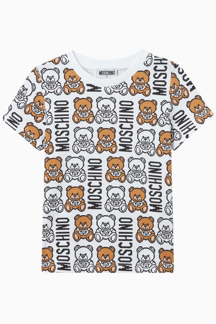 

Pixelated Teddy Bear Print T-shirt in Cotton, White