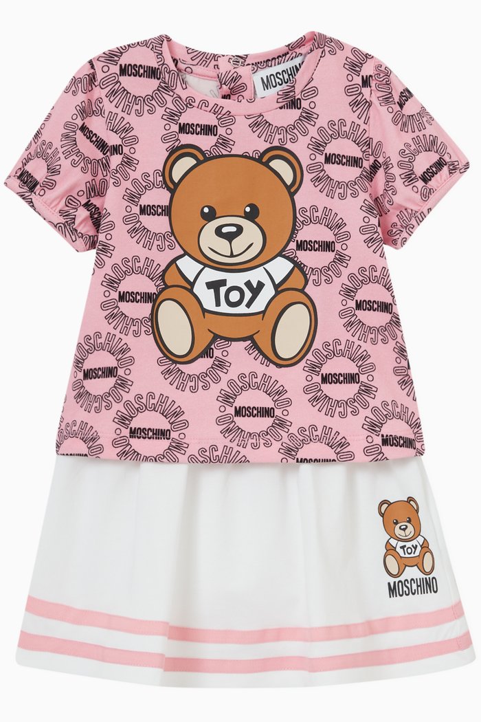 

Circle Logo & Teddy Print T-shirt & Tennis Skirt Set, Multicolour