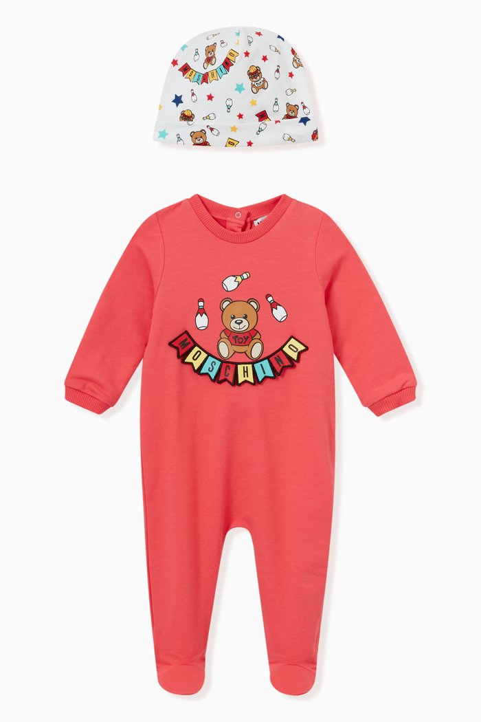 

Teddy Party Print Pyjama & Beanie Set in Cotton, Red