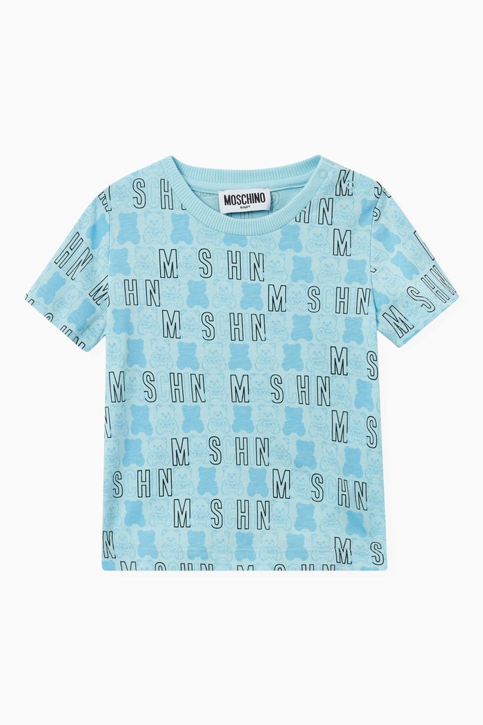 

Teddy Bear Logo Print T-shirt in Stretch Cotton, Blue