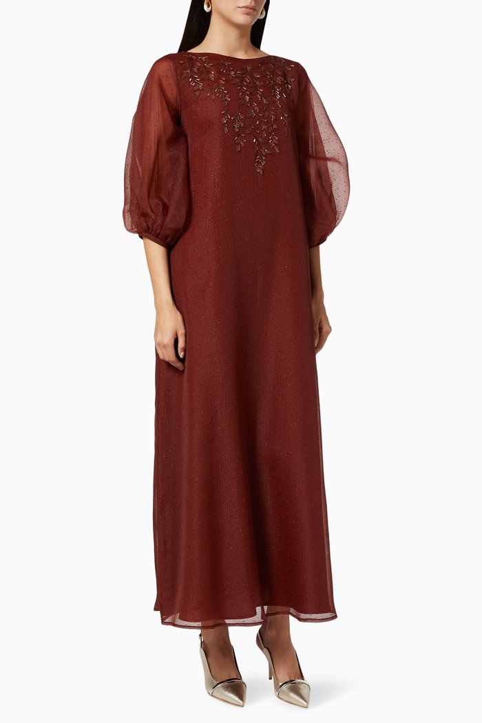 

Puff Sleeves Dress in Organza, Brown