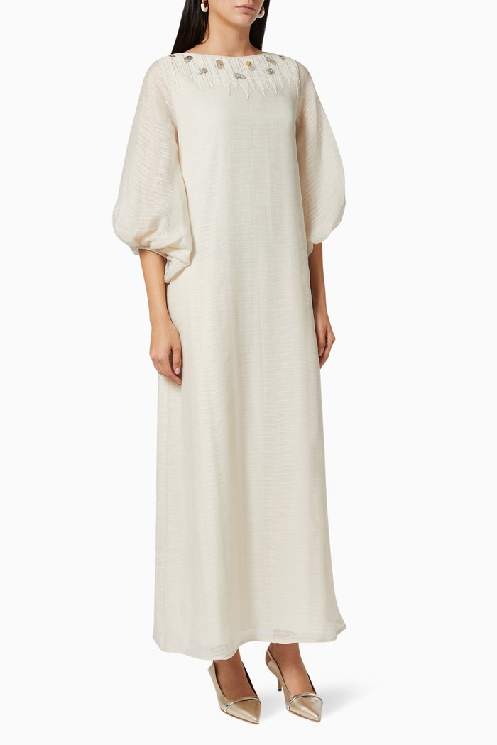 

Beaded Puff Sleeve Dress in Organza, White