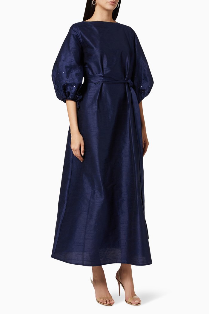 Belted Puff Sleeve Dress in Raw Silk, Blue