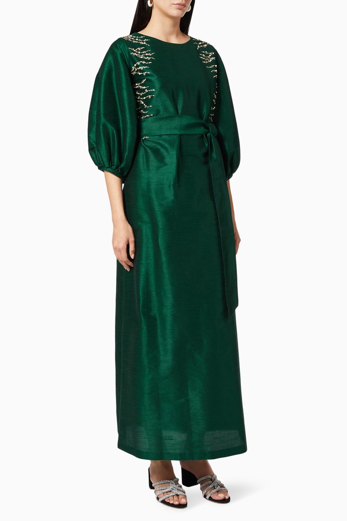 

Beaded Dress in Raw Silk, Green