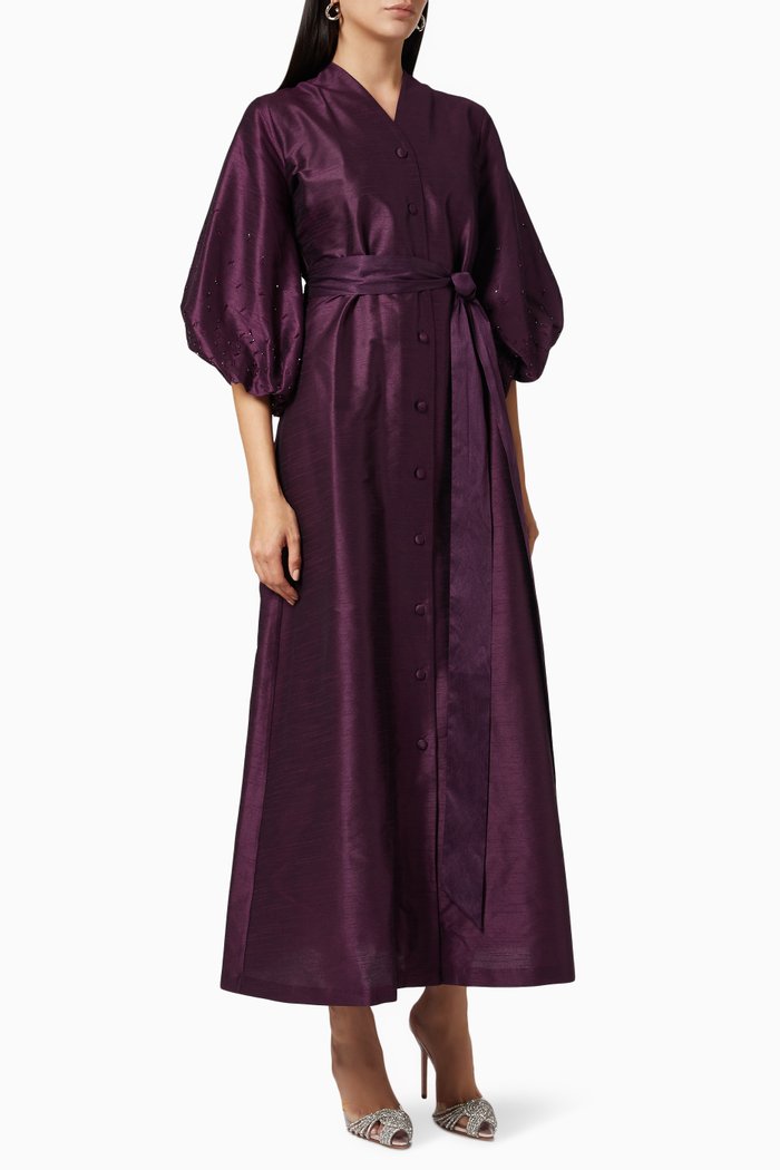 Puff Sleeve Dress in Raw Silk, Purple