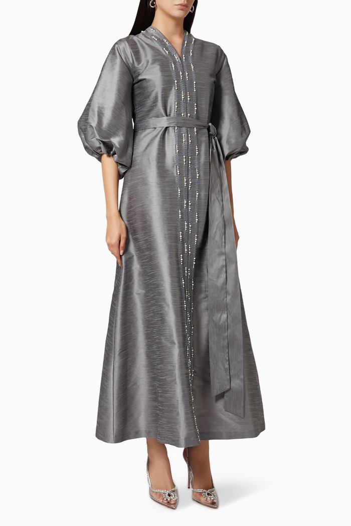 

Beaded Dress in Raw Silk, Grey