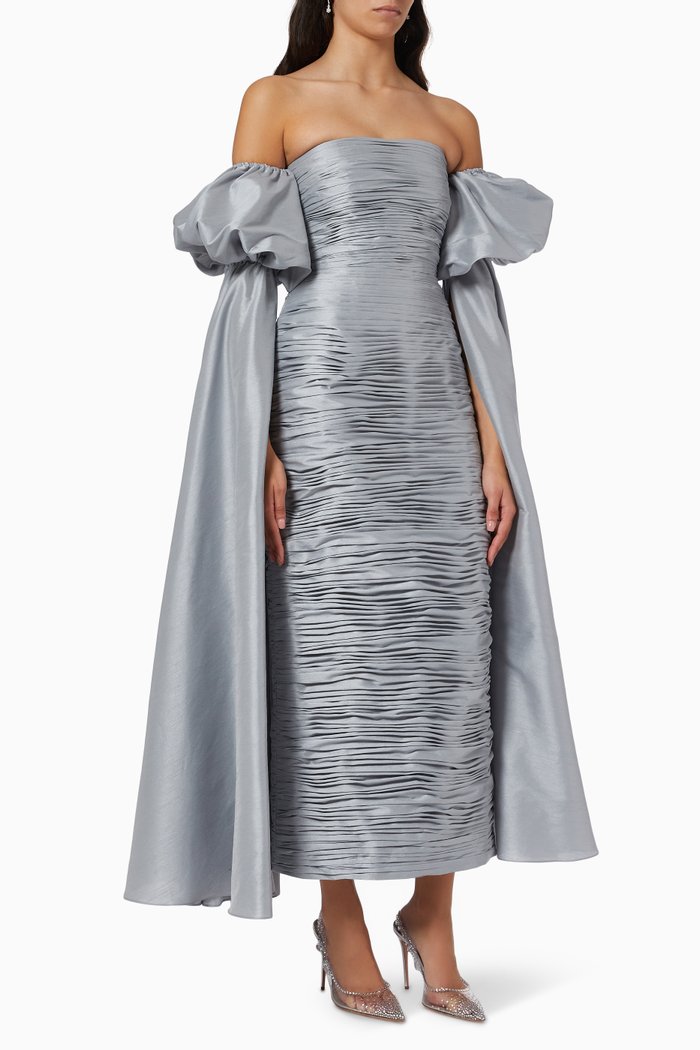 

Ruched Exaggerated Sleeve Gown in Raw Silk, Grey