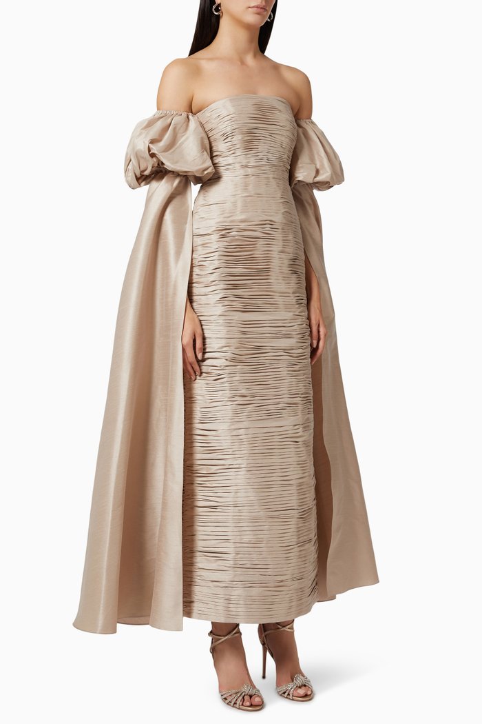 Ruched Exaggerated Sleeve Gown in Raw Silk, Pink
