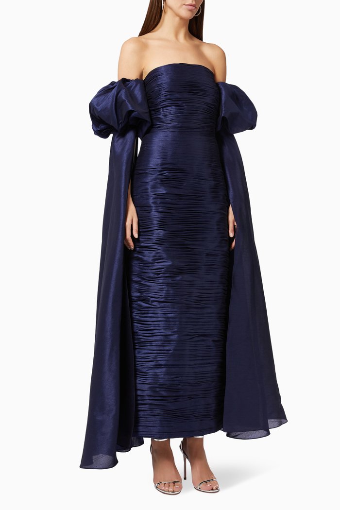 

Ruched Exaggerated Sleeve Gown in Raw Silk, Blue