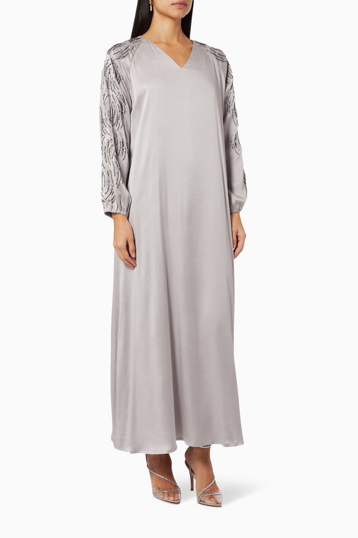 

Embellished Raglan Sleeve Kaftan in Satin, Grey