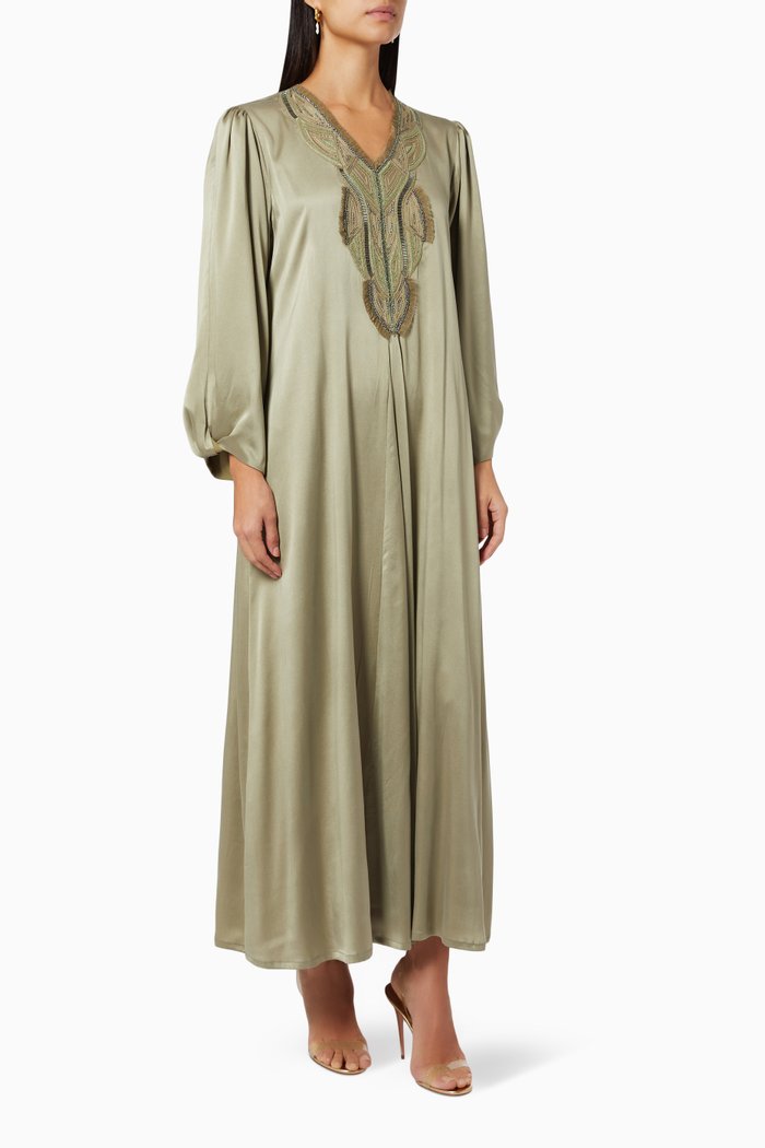 

Puff Sleeve Embroidered Kaftan in Satin, Green