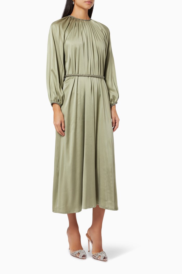 

Embroidered Column Dress in Satin, Green