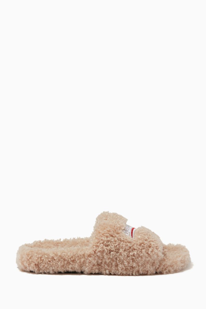 

Political Campaign Furry Slide Sandals in Faux Shearling, Neutral