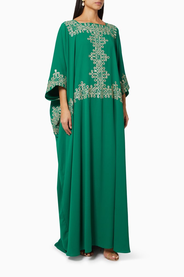

Embroidered Classic Cut Kaftan in Viscose, Green