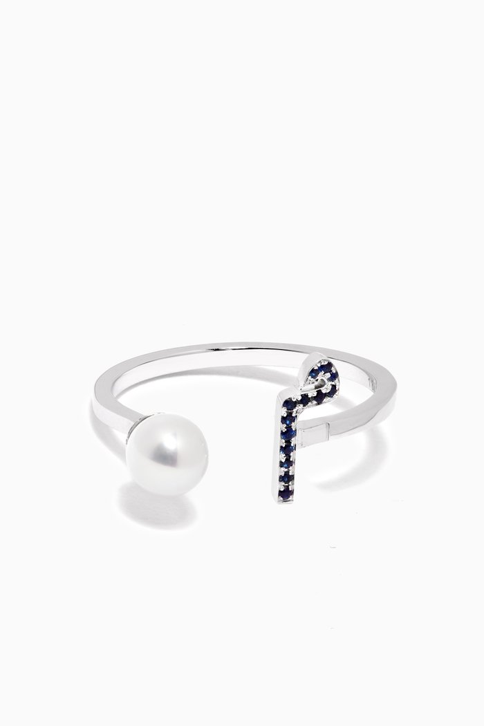 

"M" Letter Pearl Drop Ring with Sapphires in 18kt White Gold