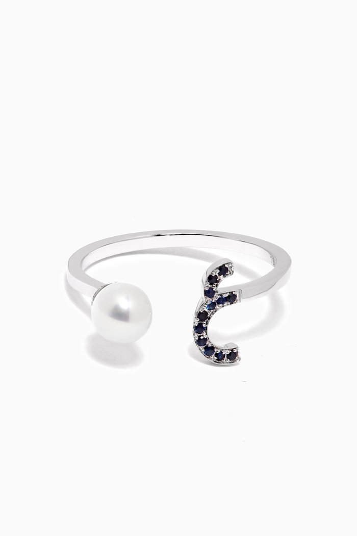 

"3ein" Letter Pearl Drop Ring with Sapphires in 18kt White Gold