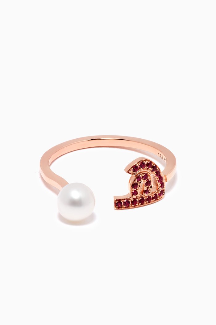 

"Ha" Letter Pearl Drop Ring with Rubies in 18kt Rose Gold