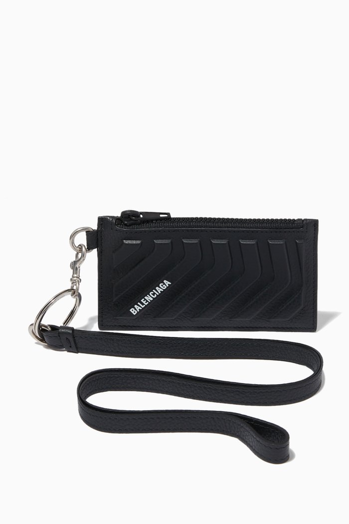 Car Card Case on Keyring in Grained Calfskin, Black