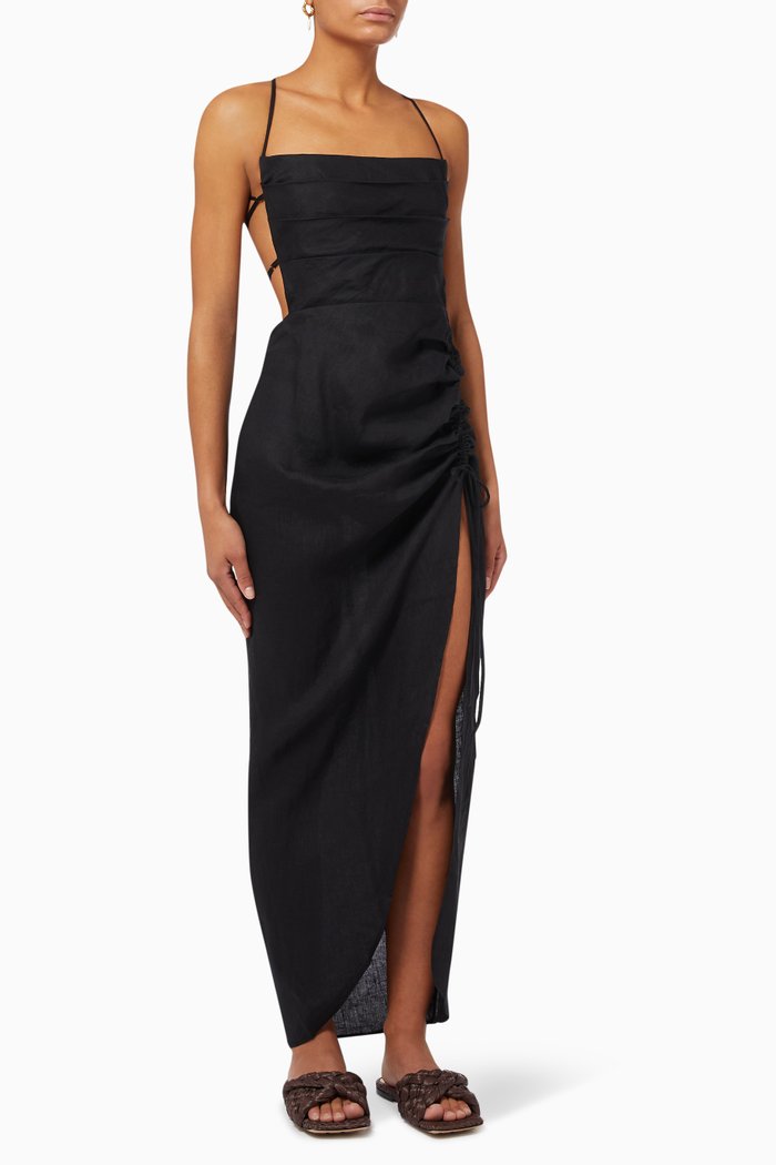 

Loulou Drawstring Maxi Dress in Linen, Black