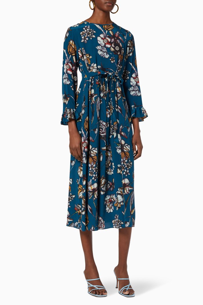 

Printed Dress in Silk Crepe De Chine, Blue