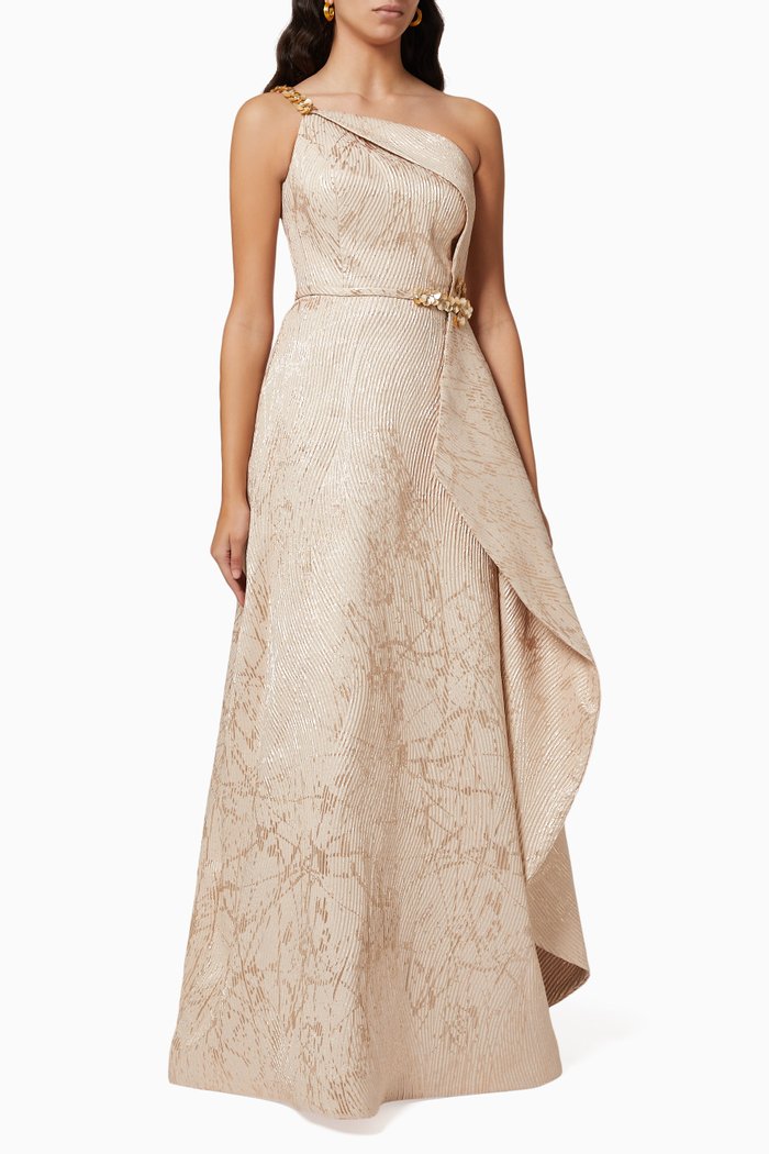

One Shoulder Gown in Metallic Jacquard, Gold