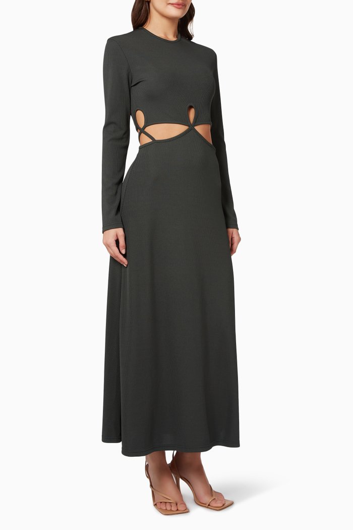 

Looped Cutaway Maxi Dress in Ribbed Knit, Grey