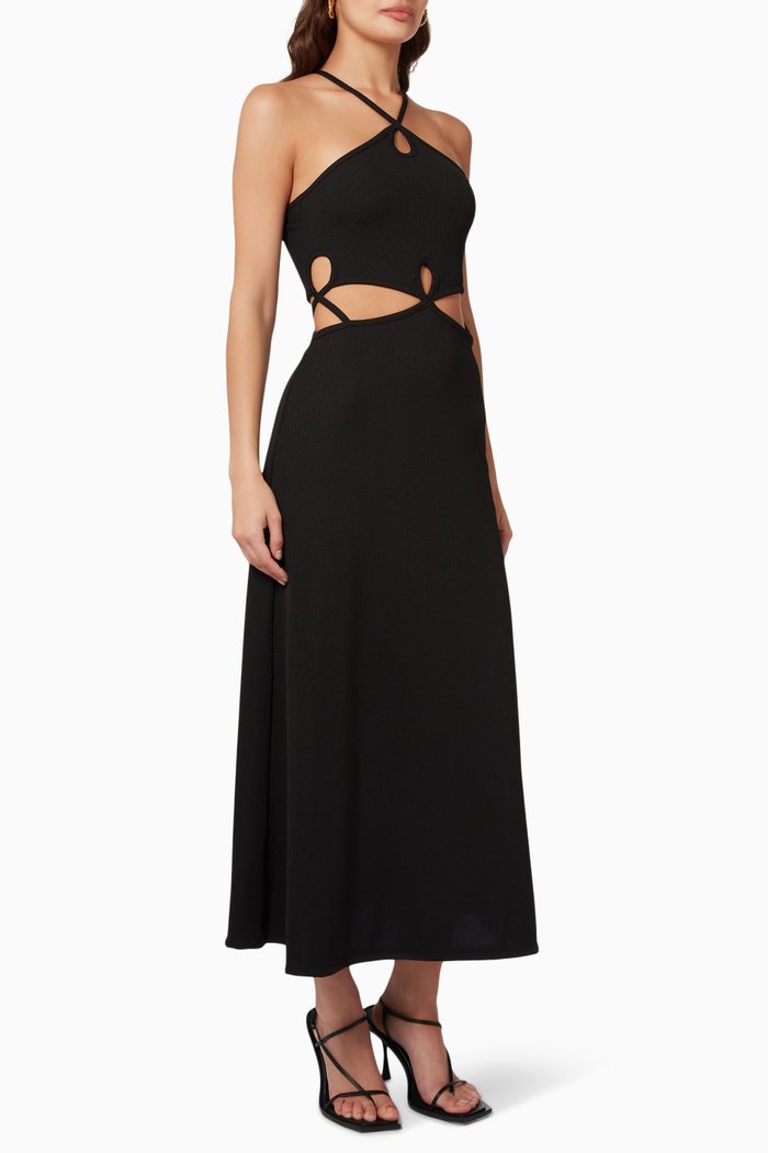 

Looped Cutaway Sleeveless Dress in Ribbed Knit, Black