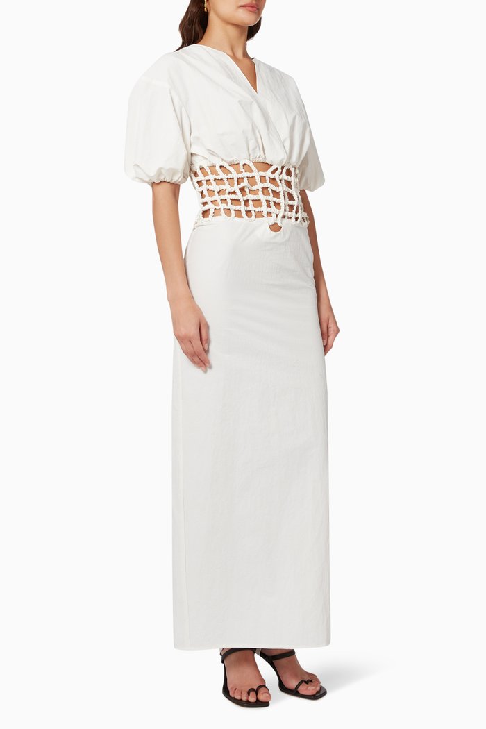 

Lattice Waist Shirt Dress in Technical Cotton Blend, White